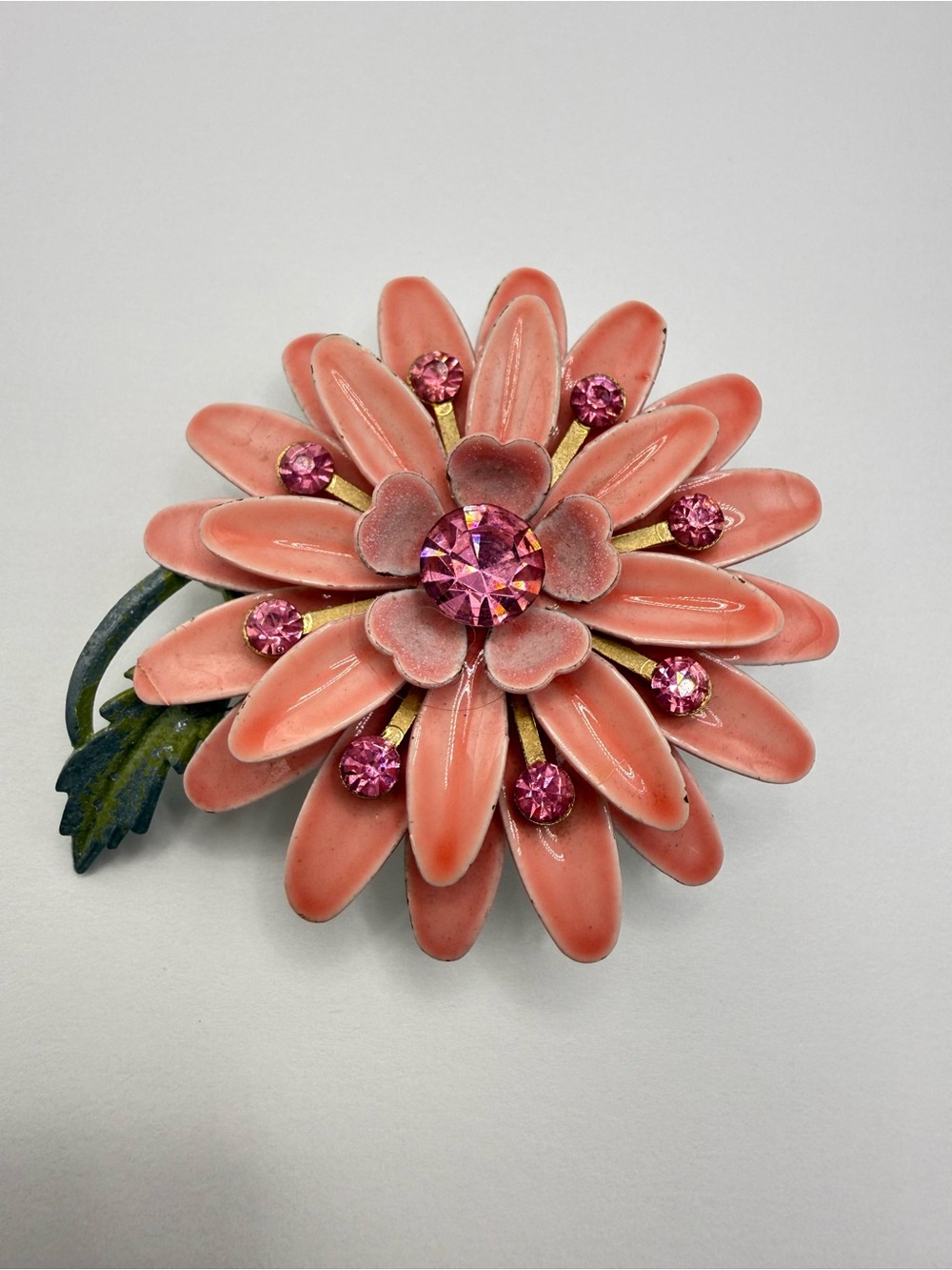 Vintage Pink Enamel Floral Brooch Pink Rhinestone Statement Flower Pin